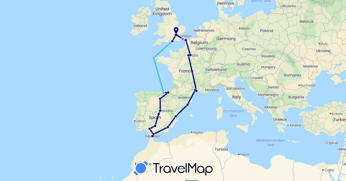 TravelMap itinerary: driving, train, boat in Spain, France, United Kingdom, Gibraltar (Europe)